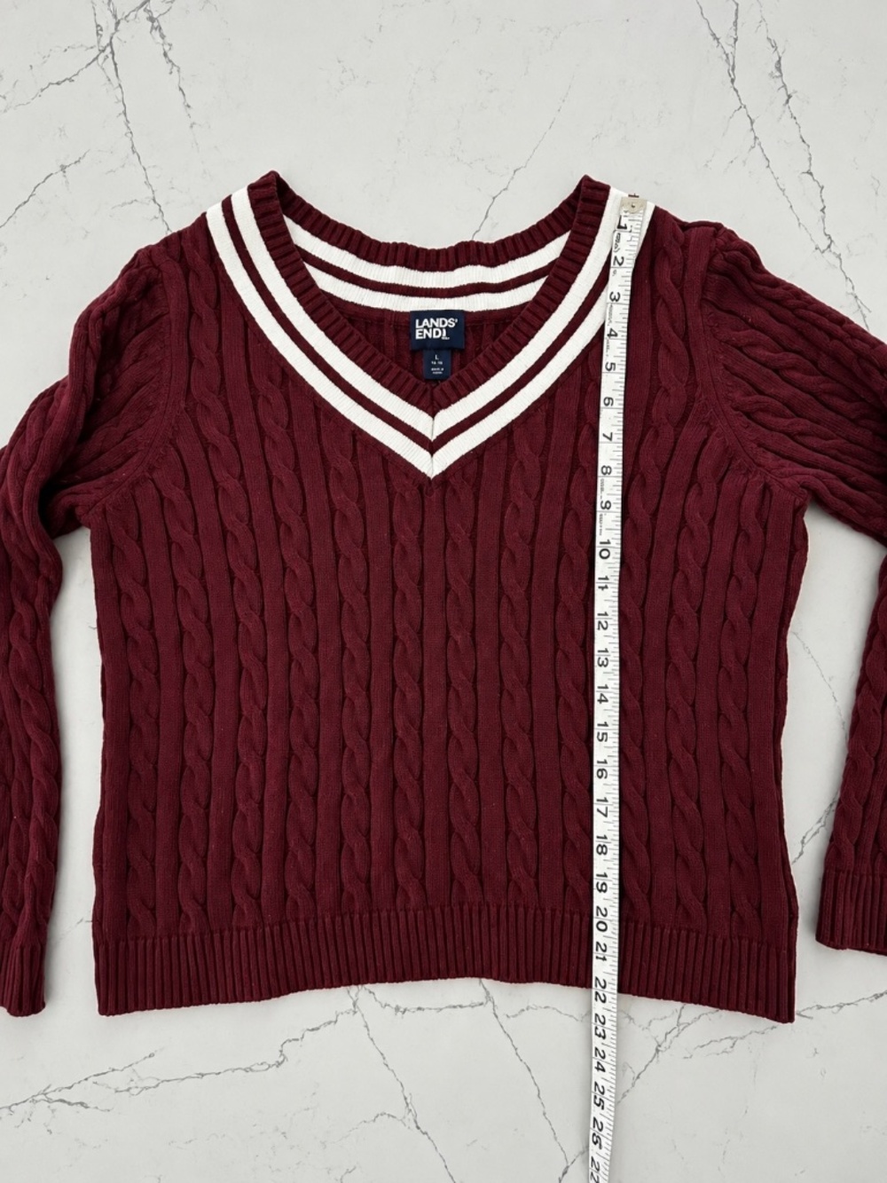 Lands End 100% Cotton Varsity Collegiate Cable Knit Sweater Burgundy SZ Large - Picture 7 of 9